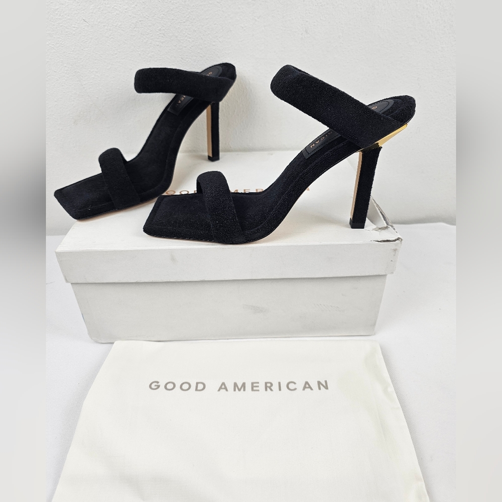 Good‎ American Sz 9.5 Womens Black Terry Slip On Sandals Heels Pumps